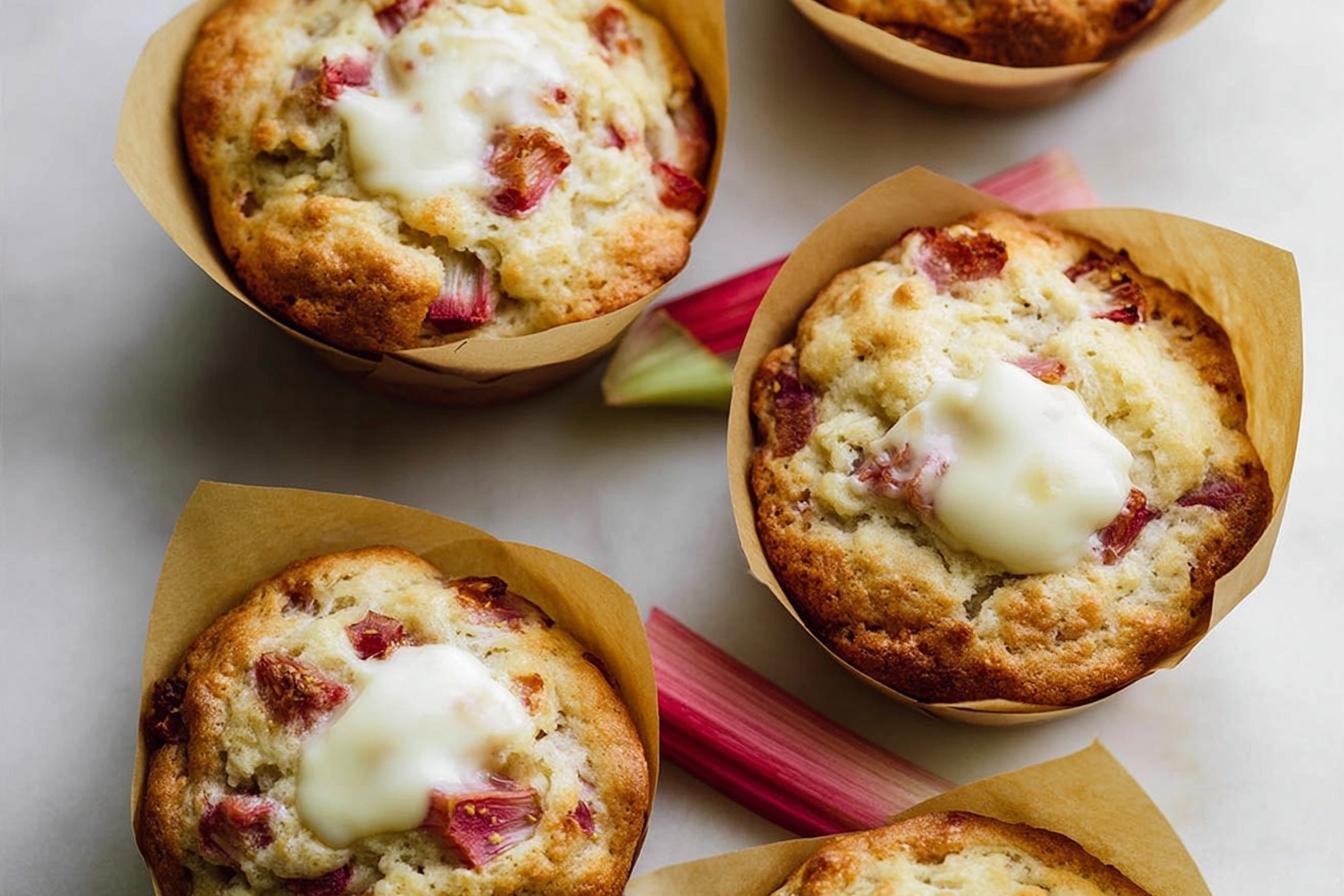 Cream Cheese Sourdough Rhubarb Muffins