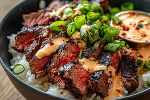 Korean BBQ Steak Rice Bowls with Spicy Cream Sauce