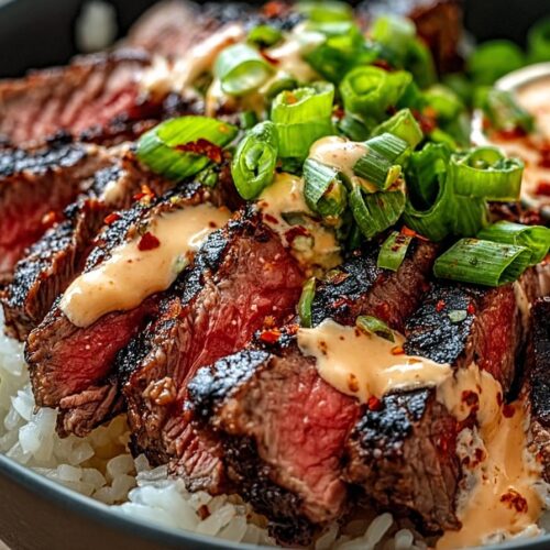 Korean BBQ Steak Rice Bowls with Spicy Cream Sauce