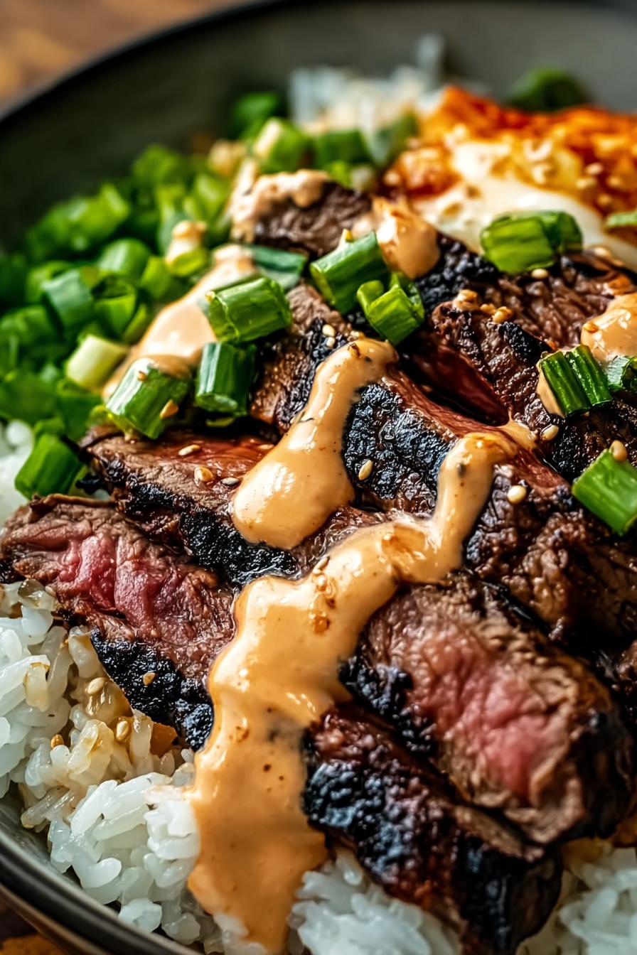 Korean BBQ Steak Rice Bowls with Spicy Cream Sauce