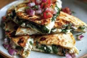 Mediterranean Quesadillas with Spinach, Feta, Mozzarella and Red Onion