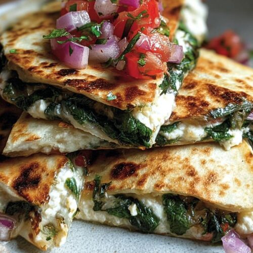 Mediterranean Quesadillas with Spinach, Feta, Mozzarella and Red Onion