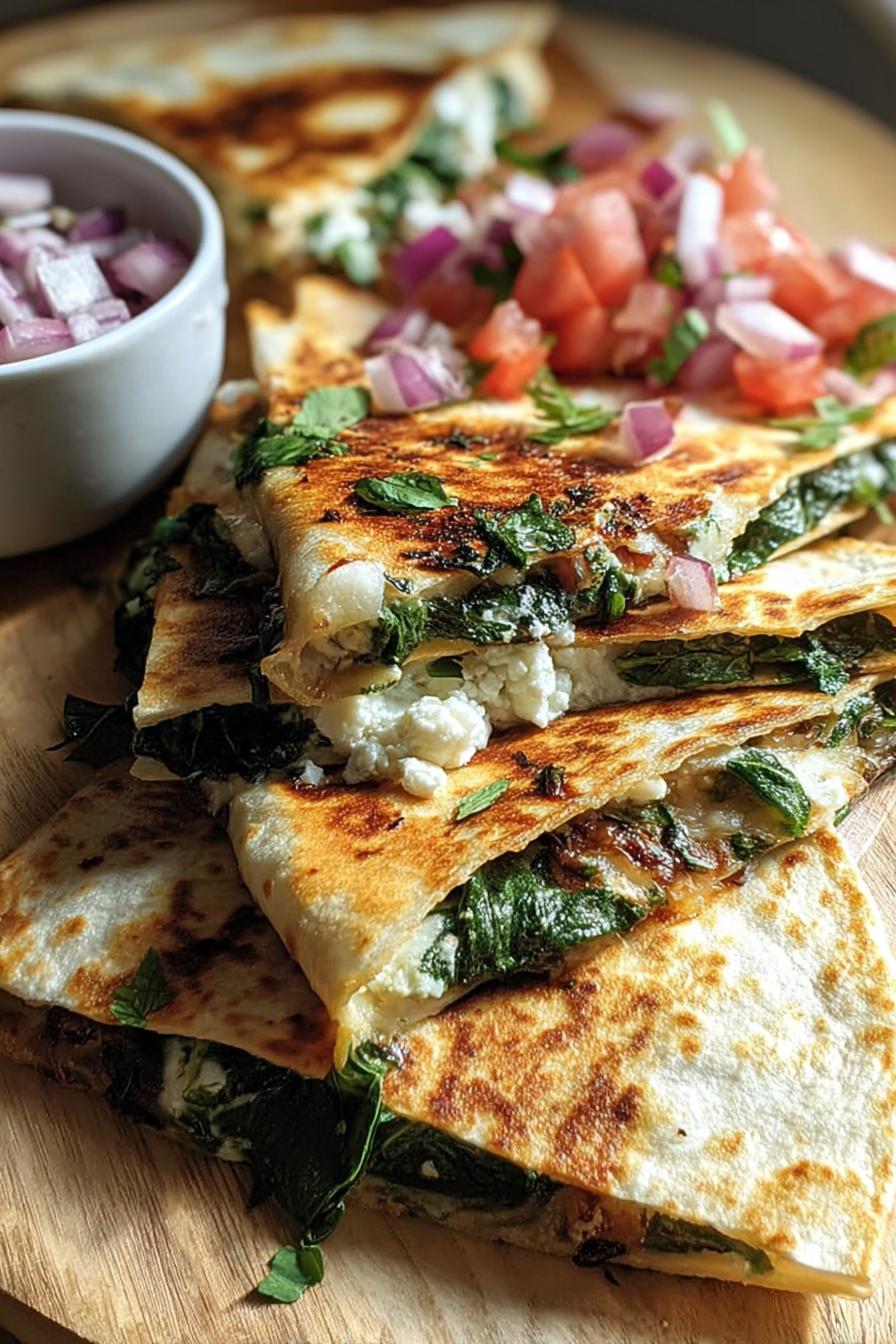 Mediterranean Quesadillas with Spinach, Feta, Mozzarella and Red Onion