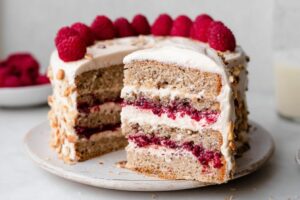 One Bowl Vegan Almond Raspberry Cake with Cream Cheese Frosting