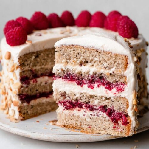 One Bowl Vegan Almond Raspberry Cake with Cream Cheese Frosting