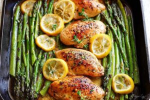 One Pan Honey Lemon Chicken and Asparagus spring dinner