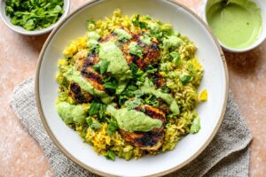 Peruvian Chicken and Rice with Green Sauce
