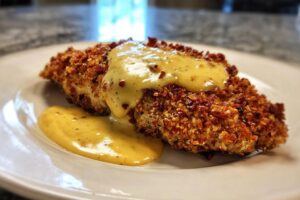 Pretzel Chicken with Mustard-Cheddar Sauce Delight