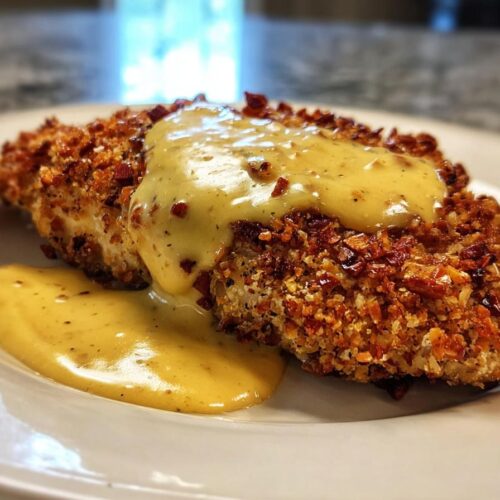 Pretzel Chicken with Mustard-Cheddar Sauce Delight