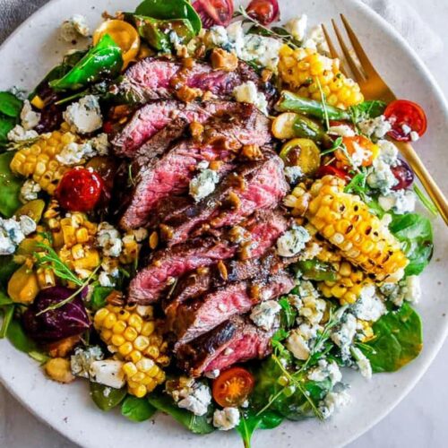Spring Balsamic Steak Gorgonzola Salad with Grilled Corn