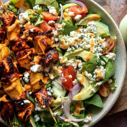 Spring Chopped Buffalo Chicken Skewer Salad.
