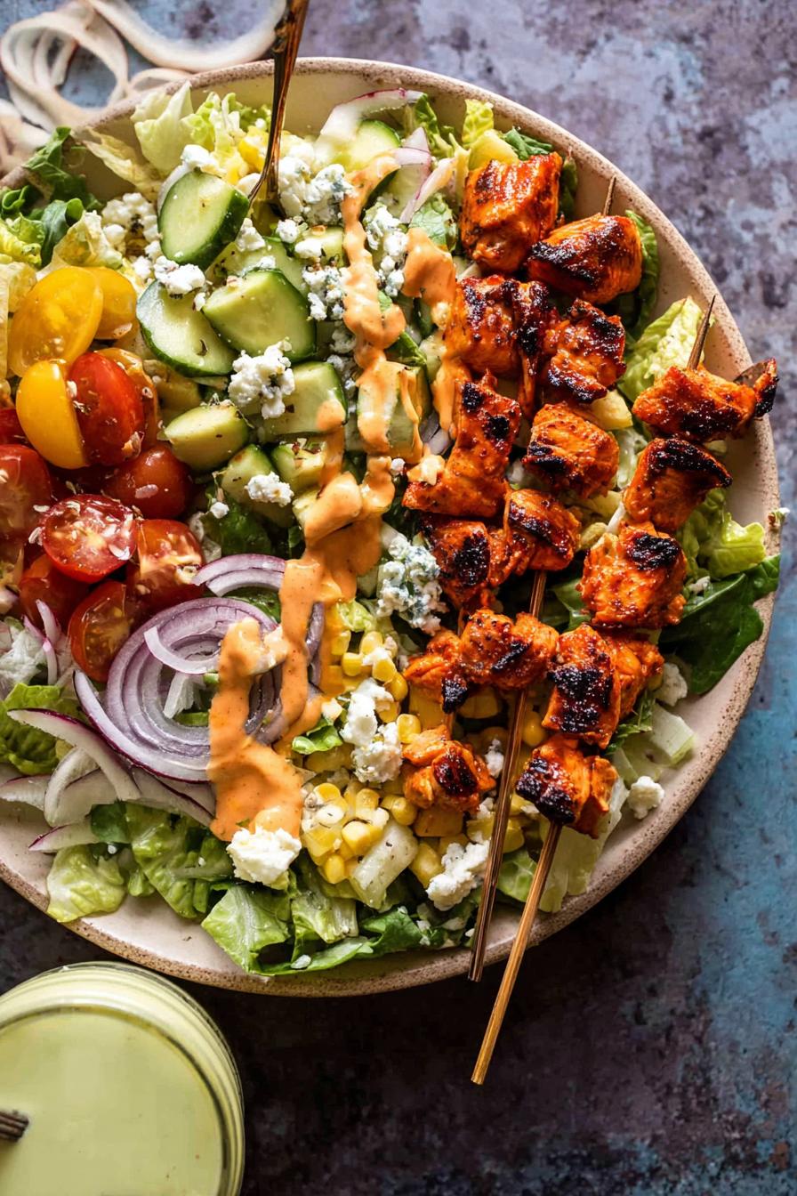 Spring Chopped Buffalo Chicken Skewer Salad.