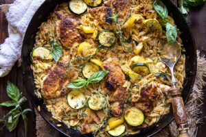 Spring Skillet Garlic Butter Chicken and Zucchini Orzo.