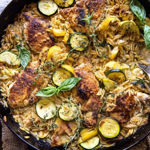 Spring Skillet Garlic Butter Chicken and Zucchini Orzo.