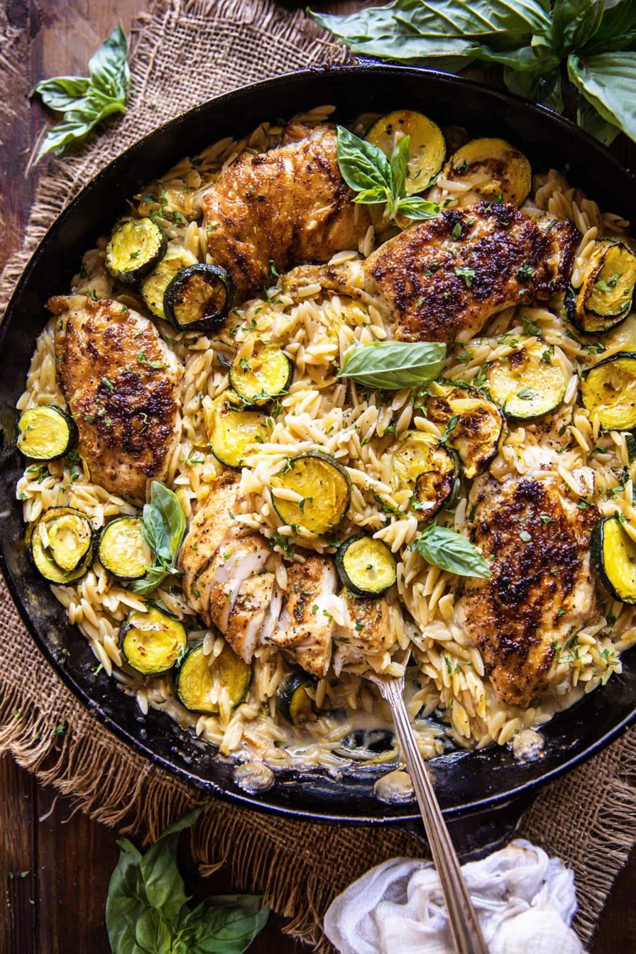 Spring Skillet Garlic Butter Chicken and Zucchini Orzo.