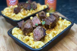 Steak Bites with Mac and Cheese