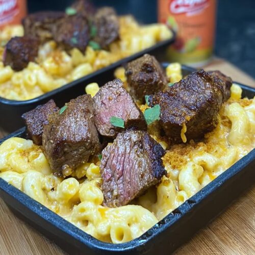 Steak Bites with Mac and Cheese