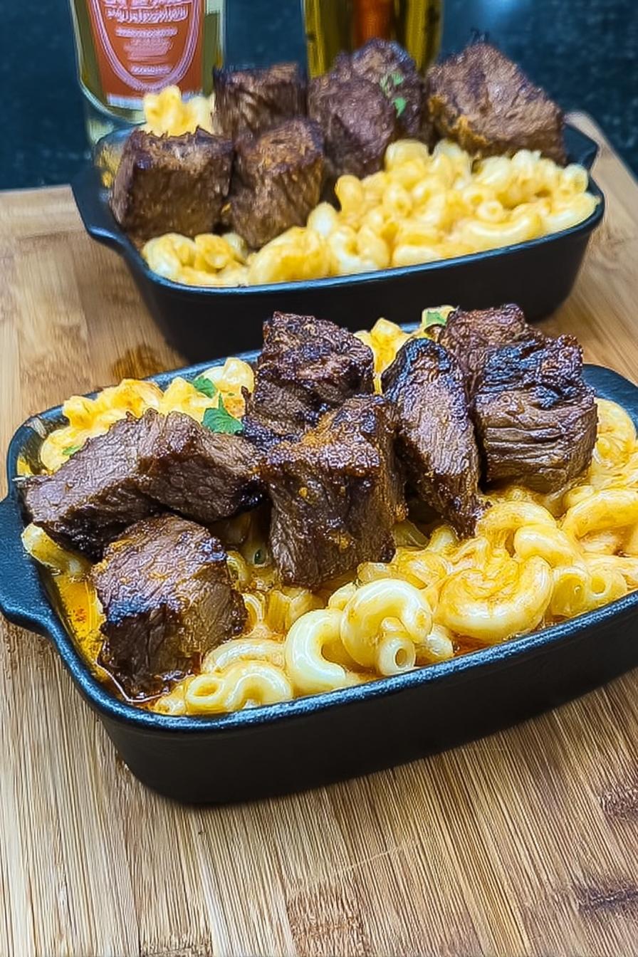 Steak Bites with Mac and Cheese