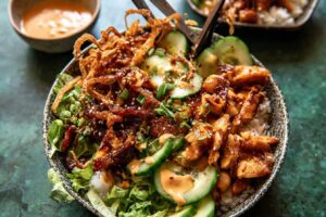 Spicy Chicken Yum Yum Rice Bowls. (3)